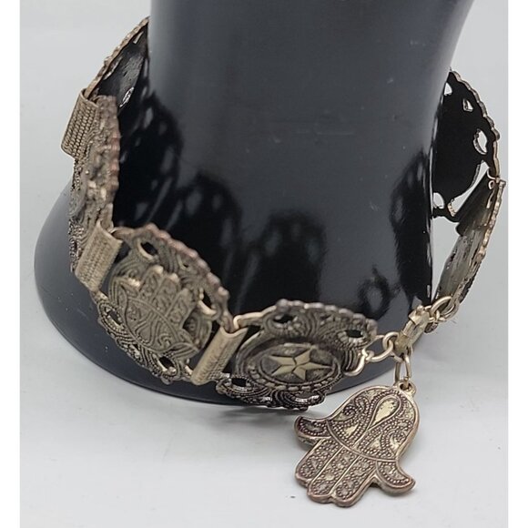 Morocco Souvenir Bracelet Hashi Hand Elephants Stars Nimcha Sword Links Vtg - Picture 2 of 10